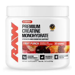 RAW creatine frontal del envase mostrando sabor Fruit Punch y confianza