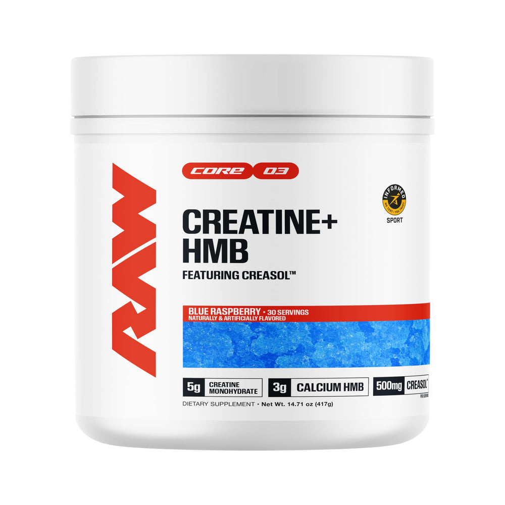 RAW envase frontal mostrando creatina y HMB, claridad de marca y beneficios