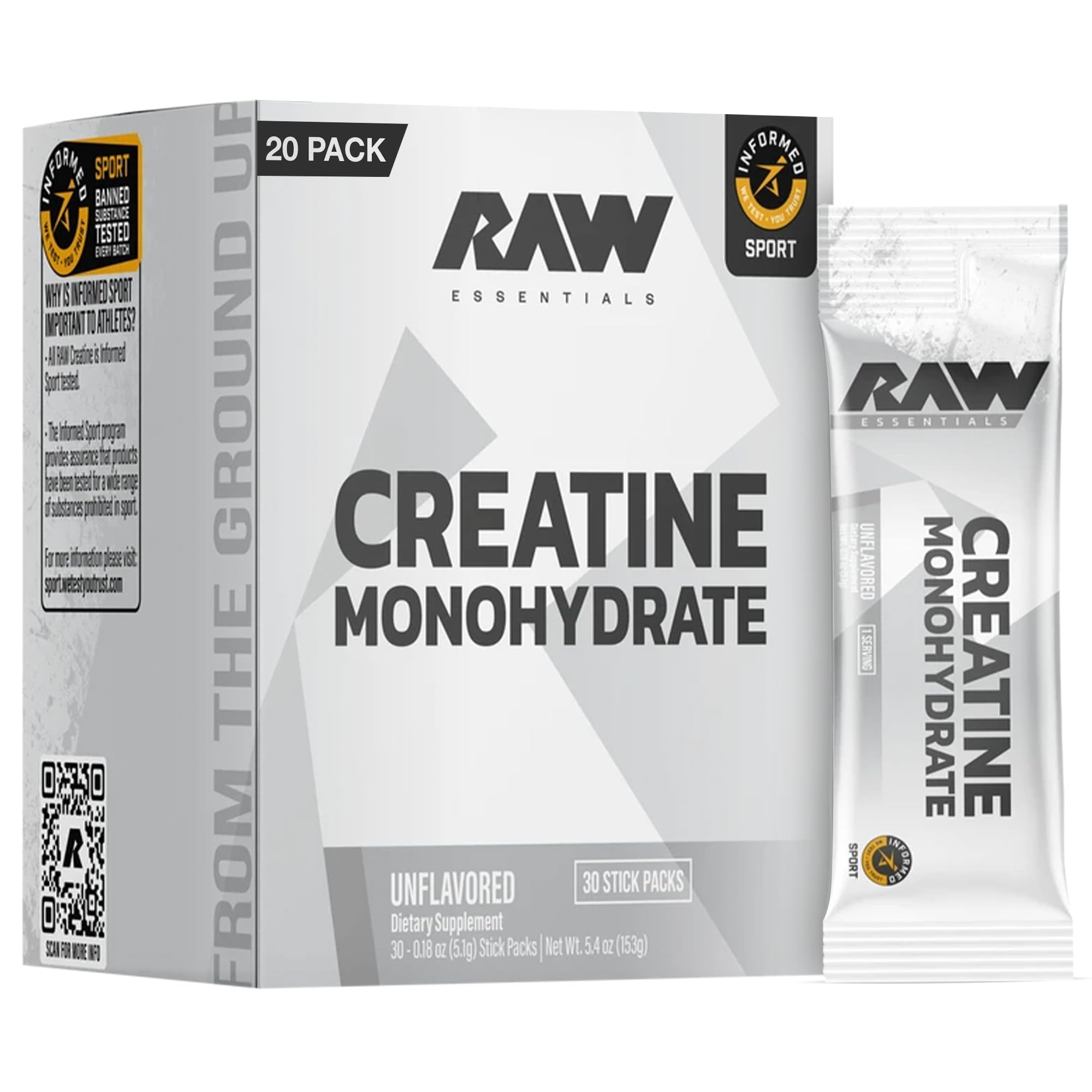 RAW Creatine paquete frontal mostrando los 30 sobres y conveniencia