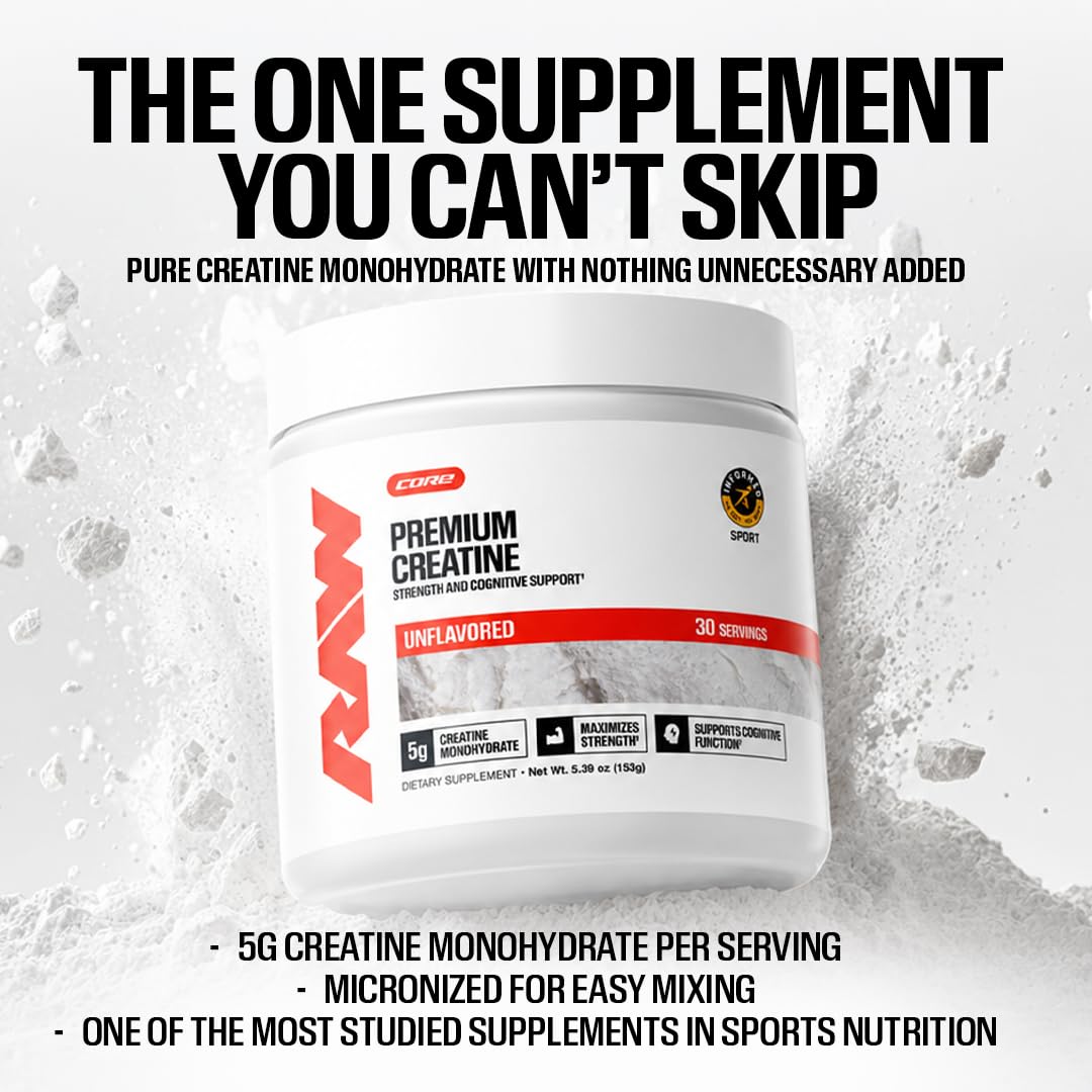 RAW creatine cuchara con porción medidora que facilita dosis precisas