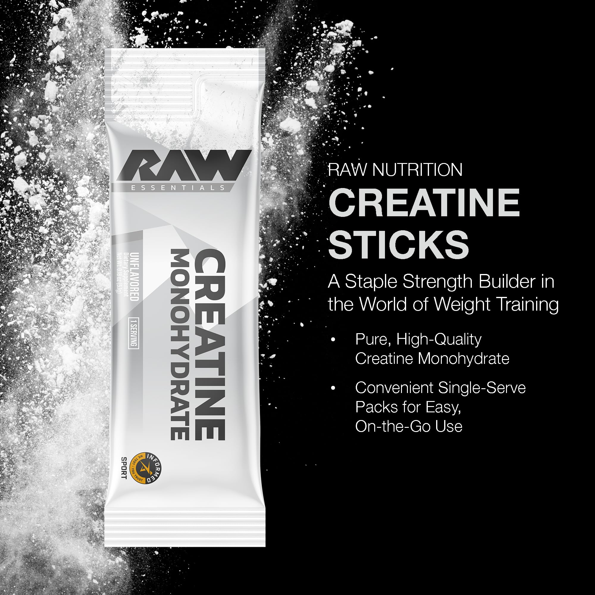 RAW Creatine close-up del polvo micronizado con disolución rápida
