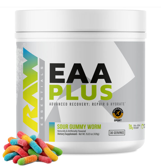 RAW EAA Plus frontal del envase mostrando sabor Sour Gummy y beneficios