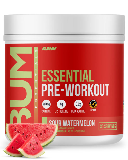 RAW Esencial Pre-entrenamiento en botella, sabor sandía agria, energía sostenida para entrenos.