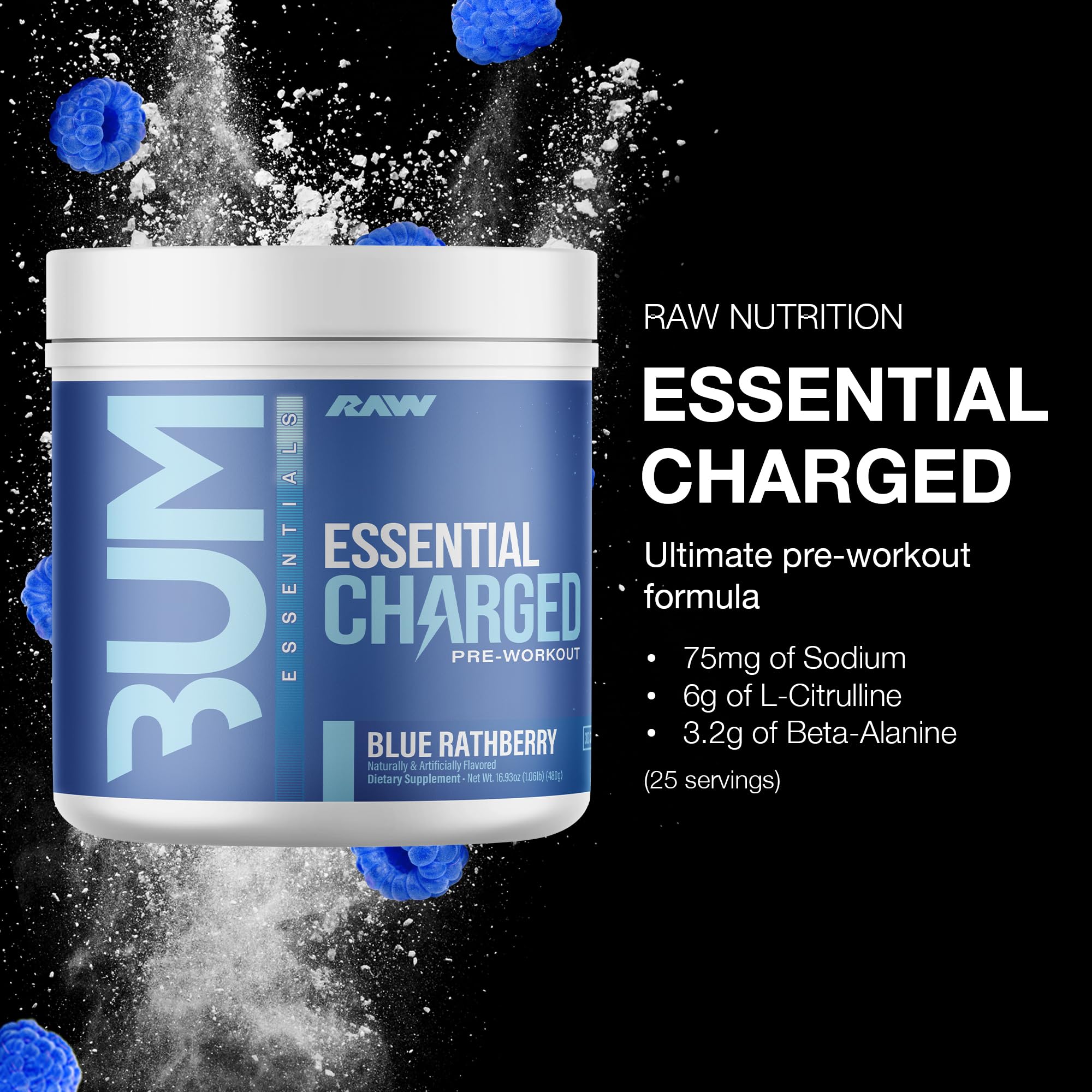 RAW Essential Charged blue raspberry bottle for energy