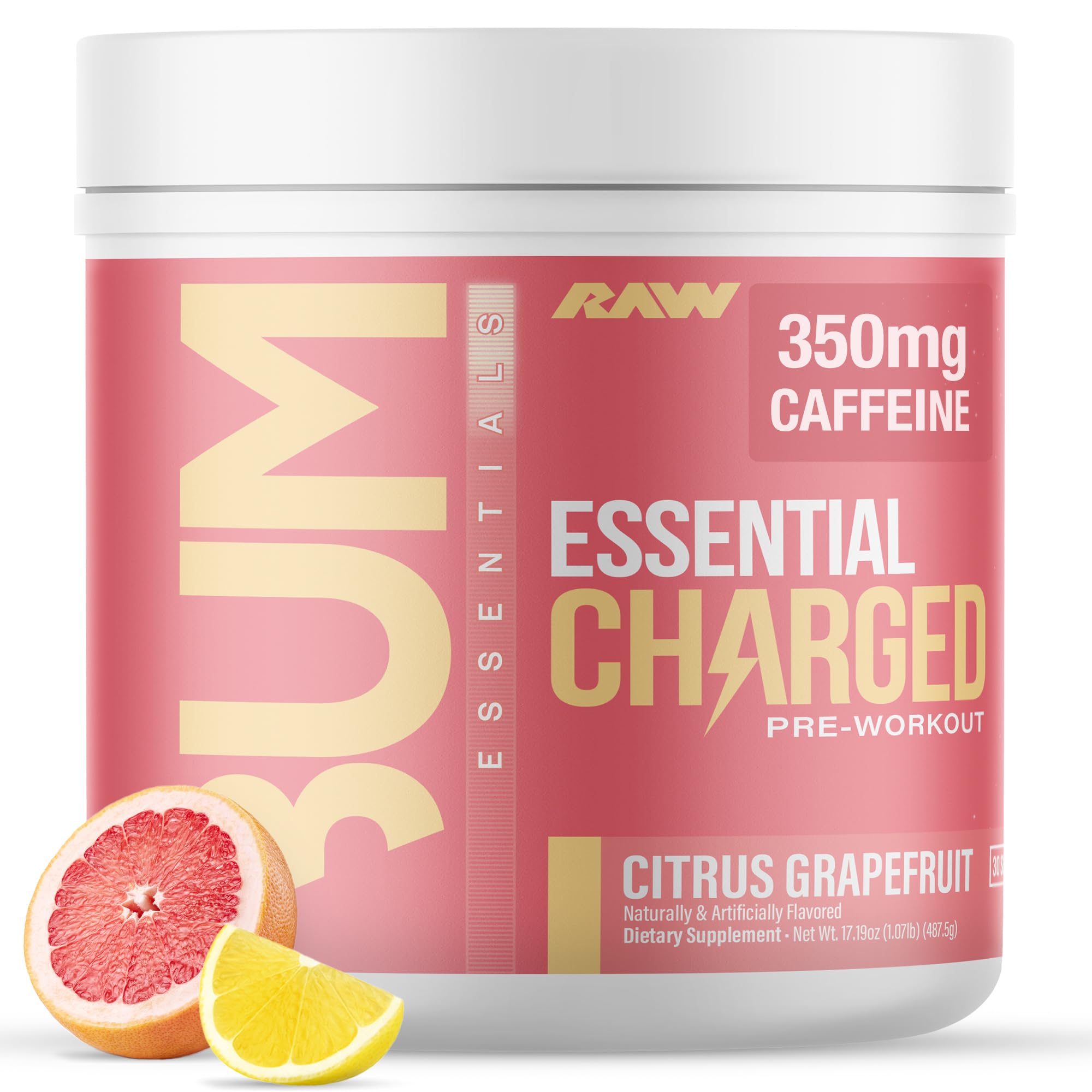 RAW Essential CHARGED frente del envase mostrando diseño y sabor Citrus Grapefruit, práctico para entrenos.
