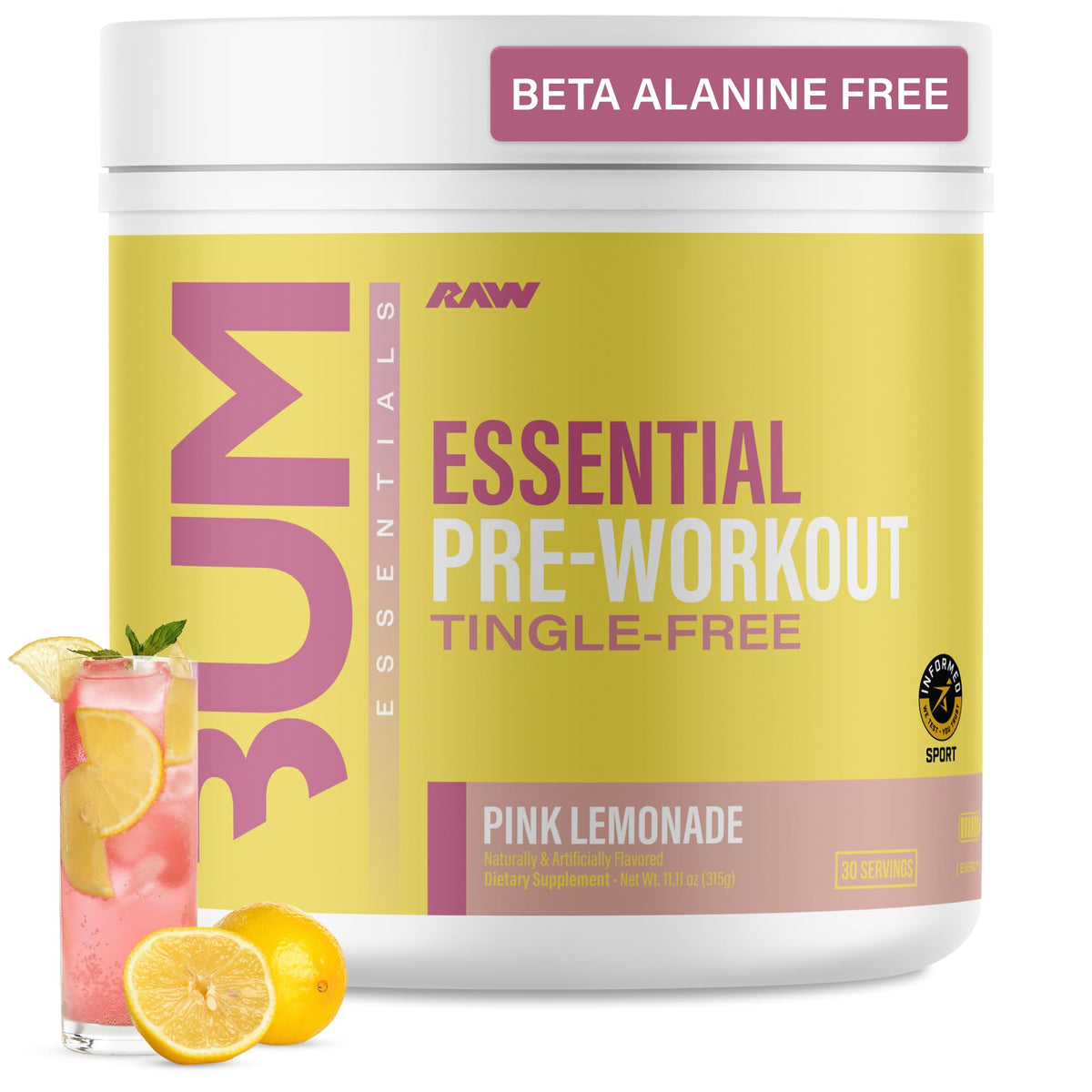 RAW envase frontal Pink Lemonade mostrando diseño y 30 servicios beneficios energéticos