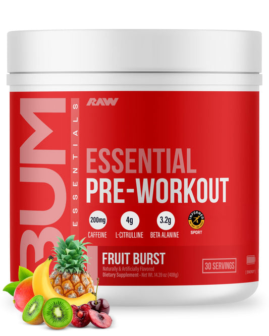 RAW Essential pre workout frente del envase mostrando sabor Fruit Burst y diseño