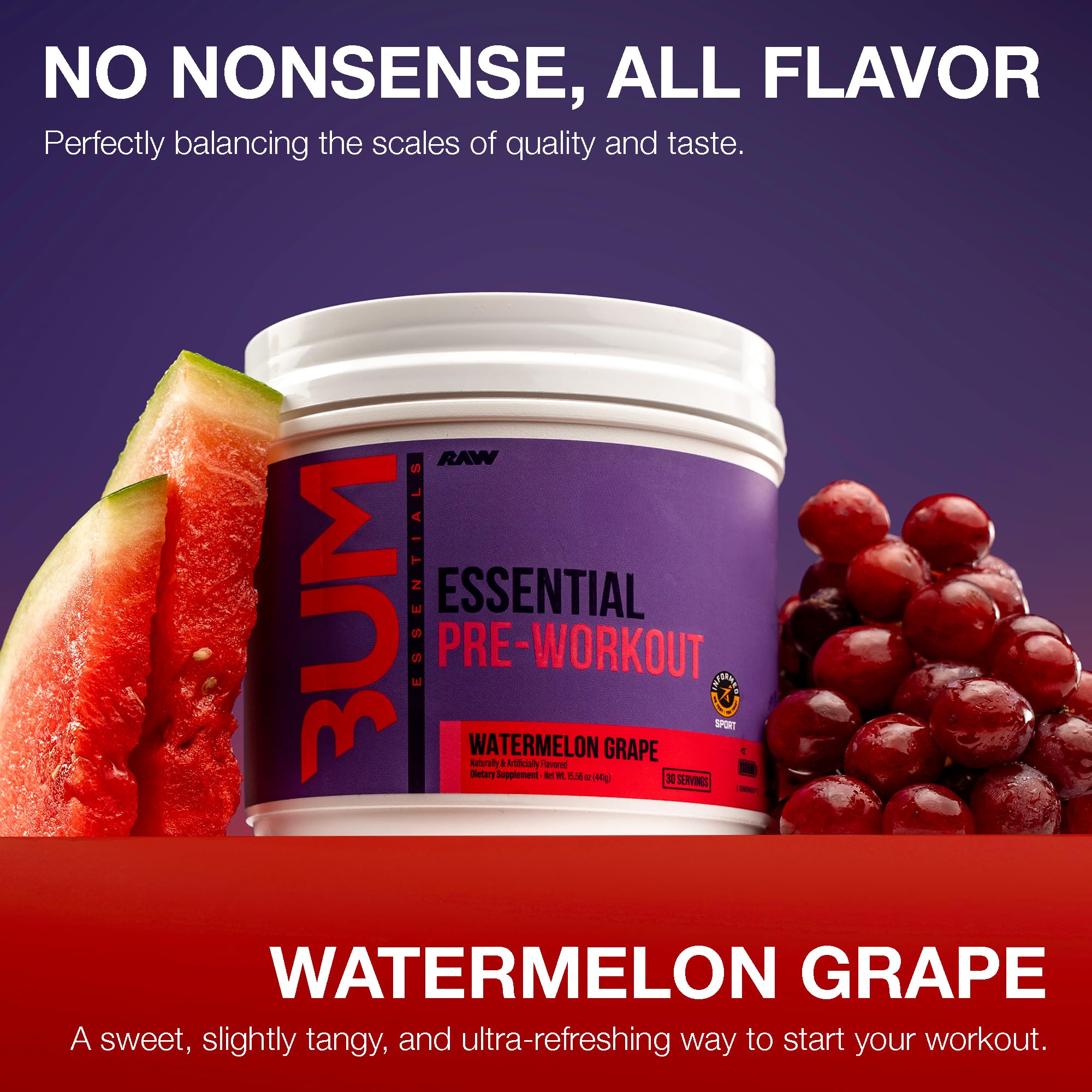 RAW Essential Preentrenamiento, etiqueta cercana, información clara de ingredientes.