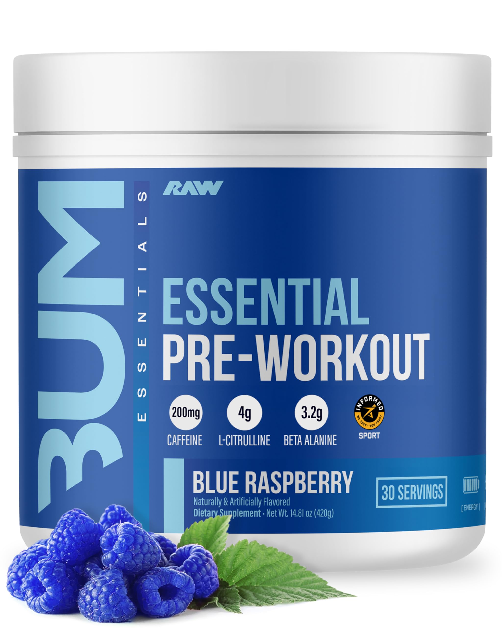 RAW Essential Pre envase frontal mostrando etiqueta y sabor Blue Raspberry, claridad del producto