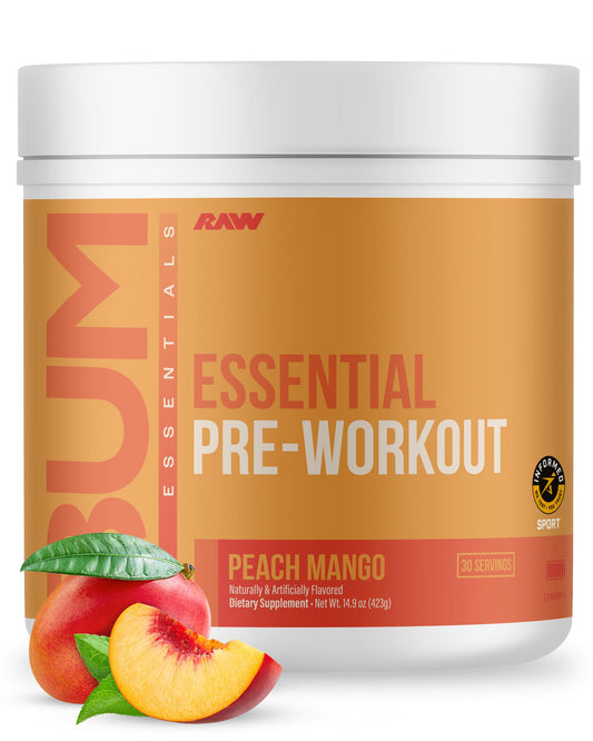 RAW Essential Pre envase frontal mostrando marca y beneficio energético