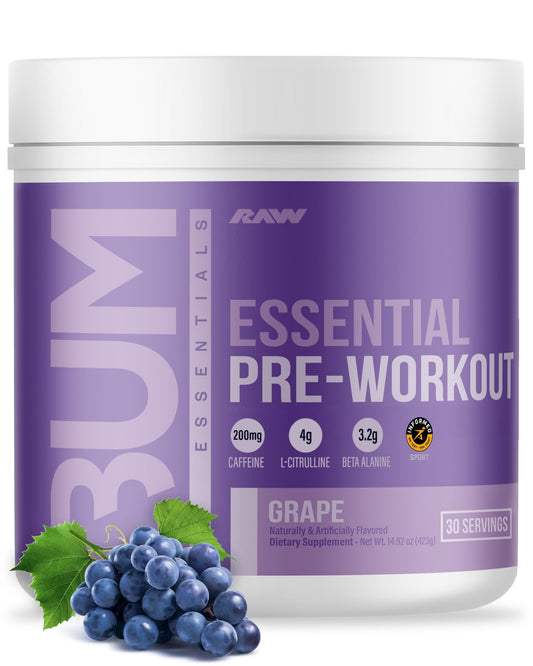 RAW frasco frontal sabor uva mostrando energía sostenida y bombeo muscular