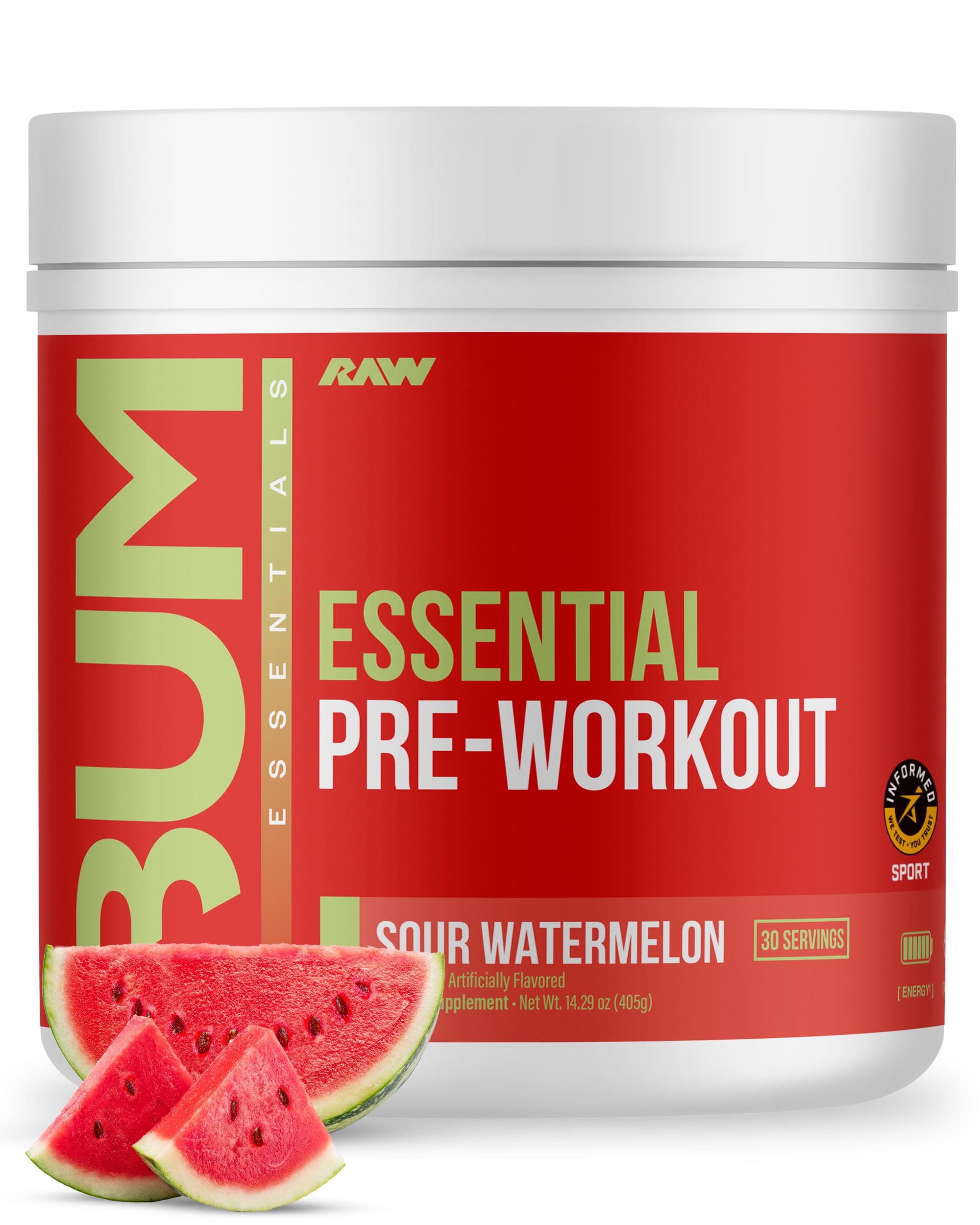 RAW envase frontal del pre-entreno sour watermelon mostrando 30 servicios y marca