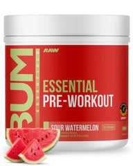 RAW envase frontal del pre-entreno sour watermelon mostrando 30 servicios y marca