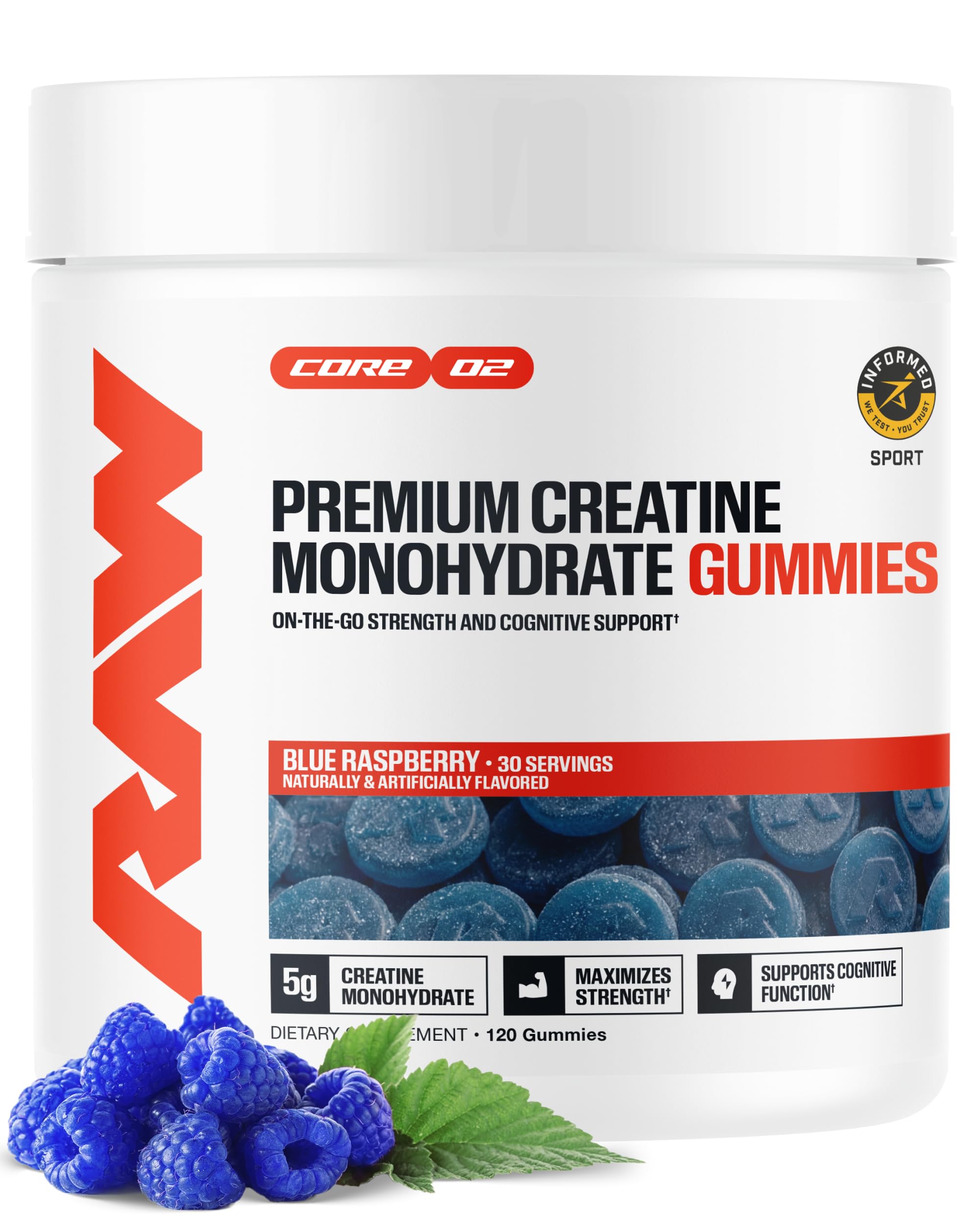 RAW gomitas creatina vista frontal mostrando el envase y beneficio práctico