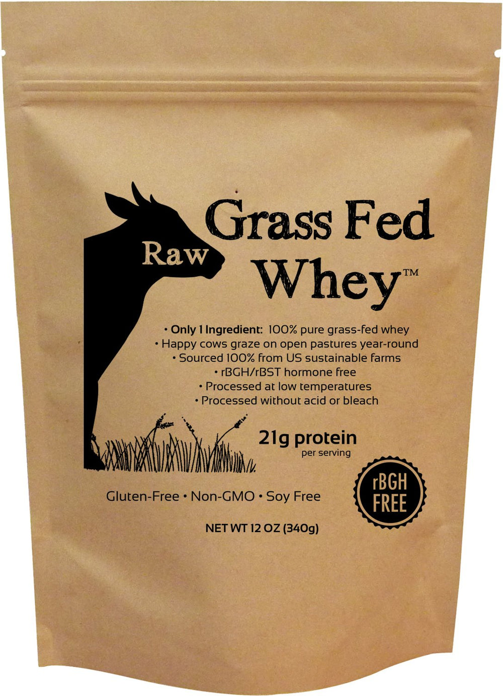 Raw Organic Whey frente del paquete mostrando ingrediente único y pureza