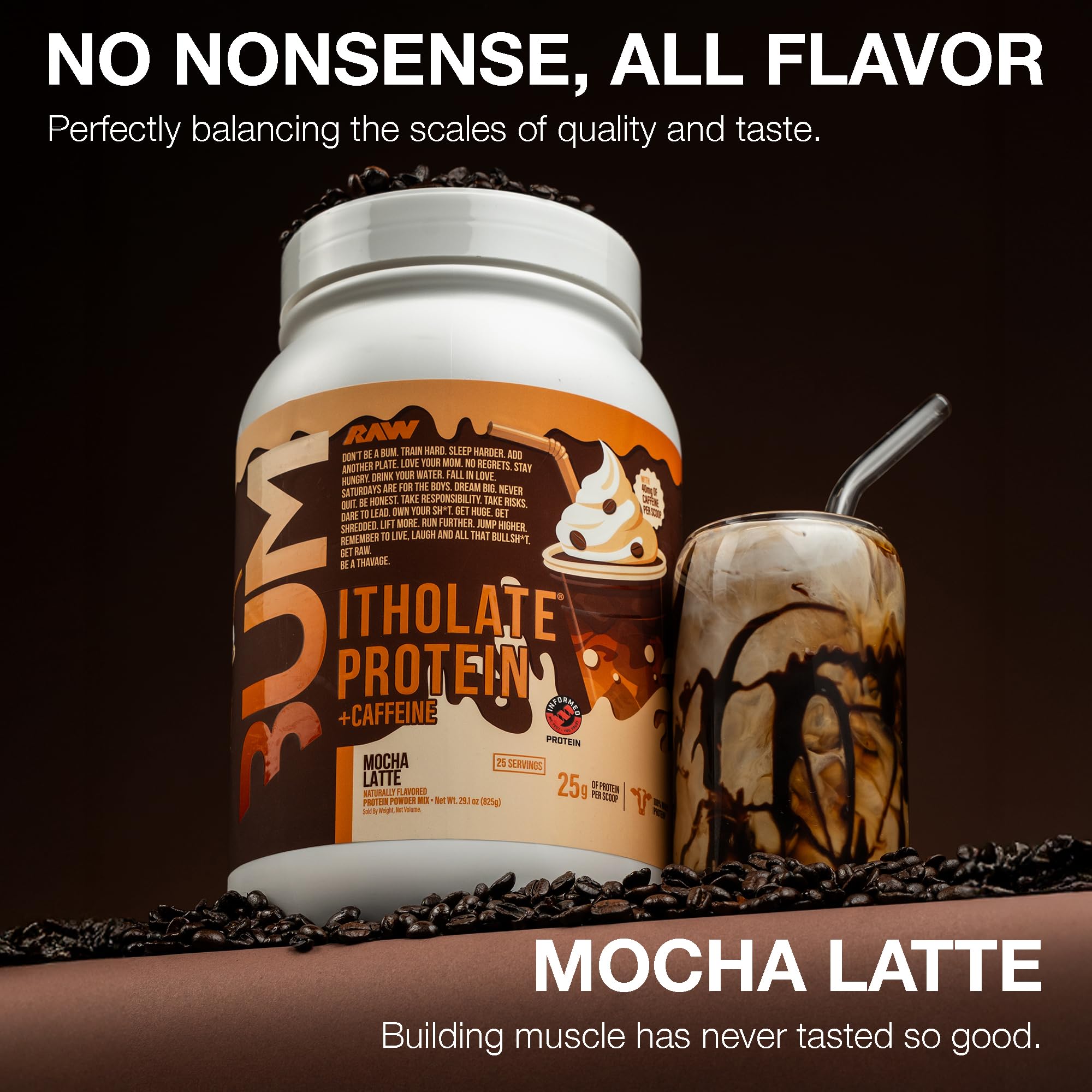 RAW batido Mocha Latte en vaso, recuperación sabrosa postentreno