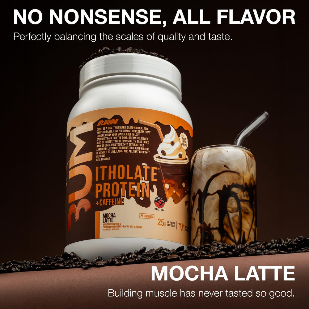RAW batido Mocha Latte en vaso, recuperación sabrosa postentreno