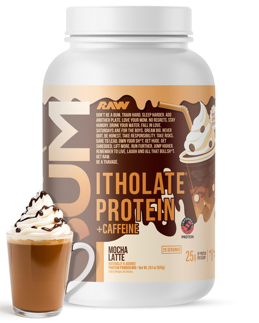 RAW envase frente Mocha Latte, muestra proteína limpia y sabor