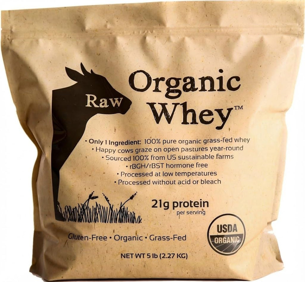 Raw Organic Whey envase frontal mostrando etiqueta clara y beneficio pureza