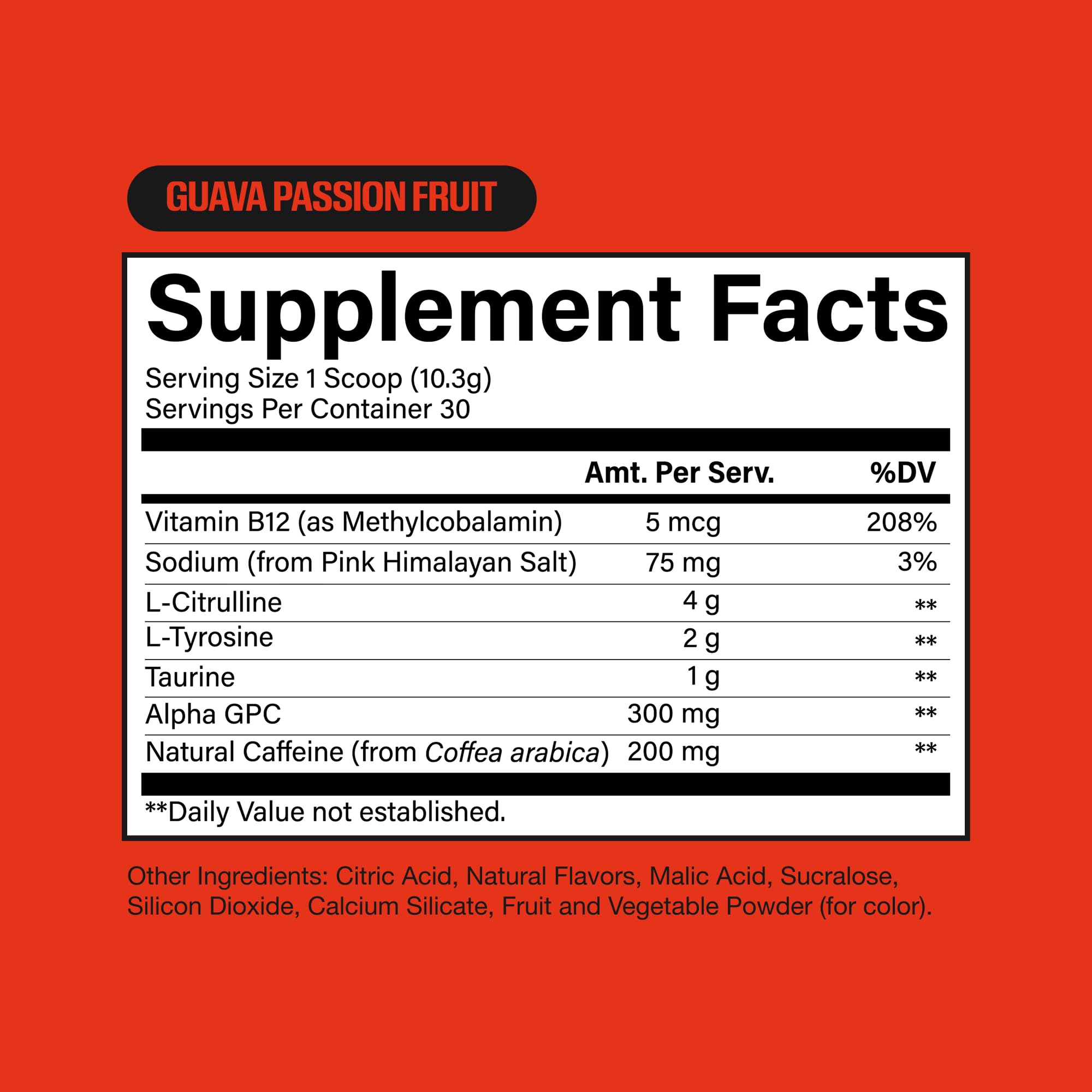RAW etiqueta nutricional ampliada explicando 200 mg de cafeína y sin beta-alanina