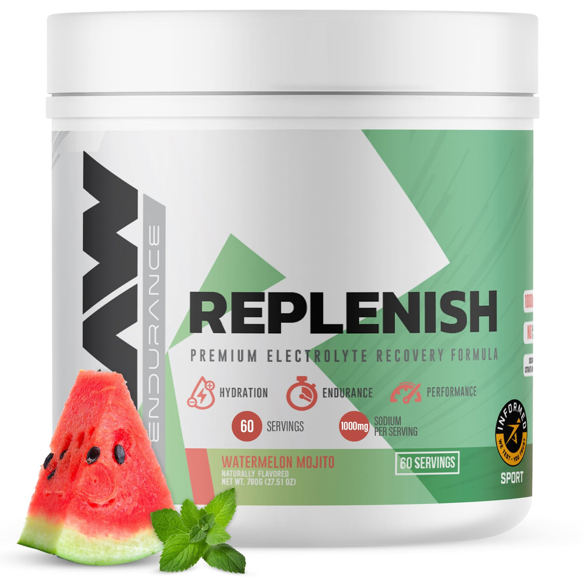 RAW envase frontal mostrando 60 servicios y sabor Watermelon Mojito beneficios hidratación