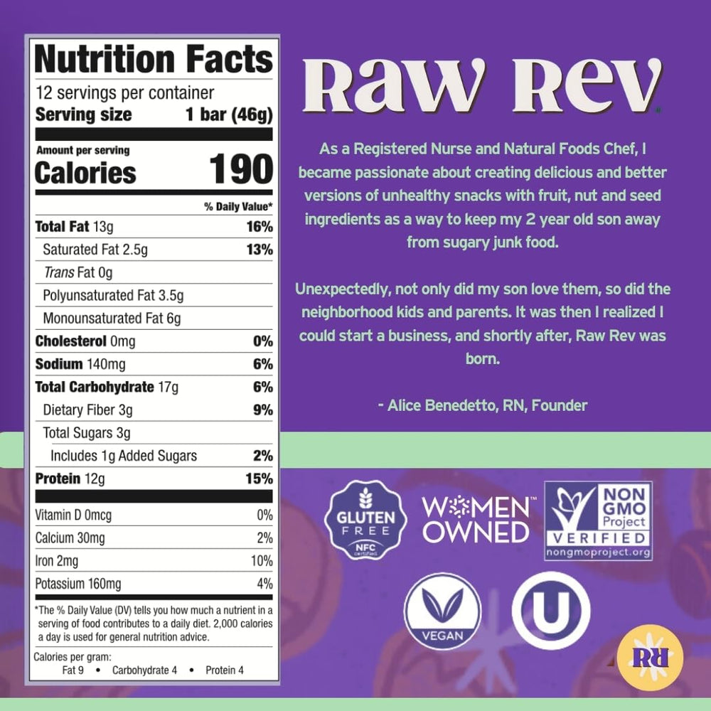 Raw Rev Glo barrita abierta mostrando textura húmeda y nueces, resalta saciedad y sabor