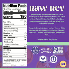 Raw Rev Glo barrita abierta mostrando textura húmeda y nueces, resalta saciedad y sabor