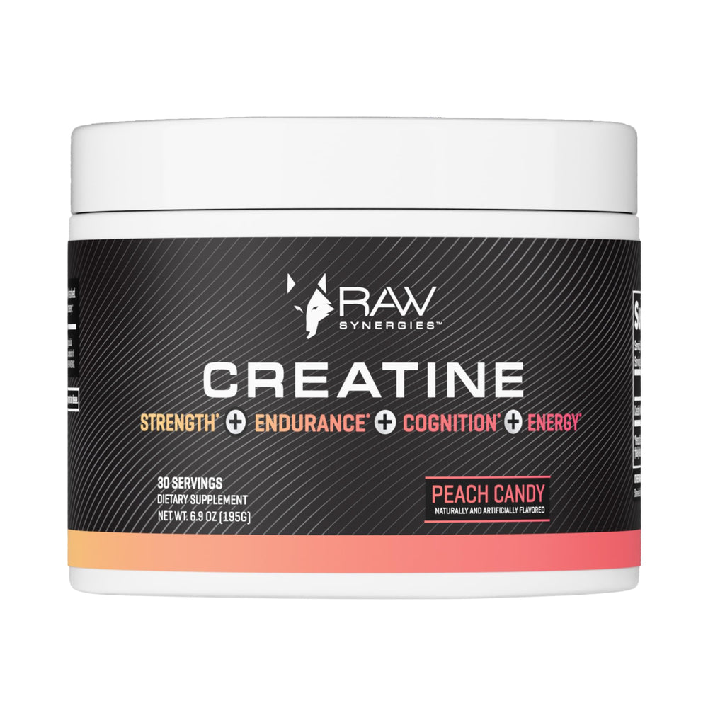 RAW Synergies bote frontal con etiqueta Peach Candy, presentación clara y atractiva