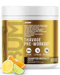 RAW Thavage frente del tubo mostrando etiqueta y sabor Champion Mentality, confianza antes de entrenar