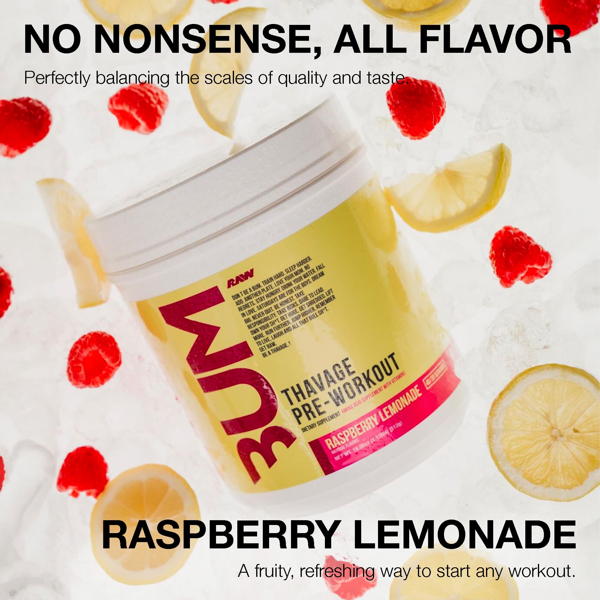 RAW Thavage Raspberry Lemonade scoop measures servings for workouts.