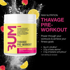 RAW Thavage Raspberry Lemonade tub label shows premium ingredients.