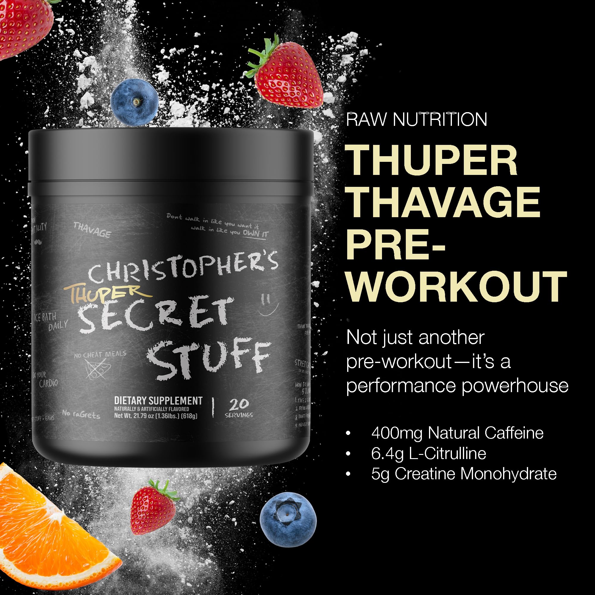 RAW Thuper Thavage container on gym bench highlights high-stim formula.