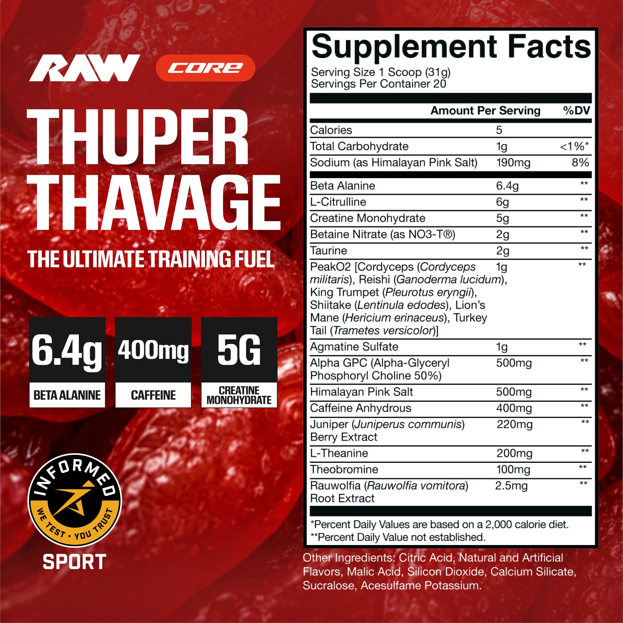 RAW Thuper Thavage polvo textura fina mostrando mezcla y solubilidad mejorada