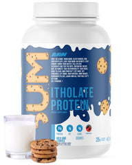 RAW envase frontal Milk & Cookie muestra sabor y tamaño, ideal para suplementar proteína