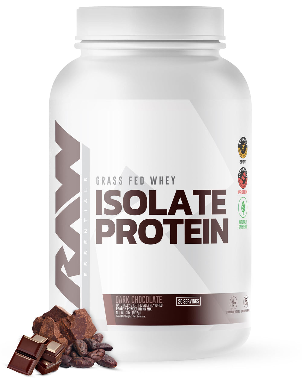 RAW envase frontal del producto con sabor chocolate oscuro y claridad de marca