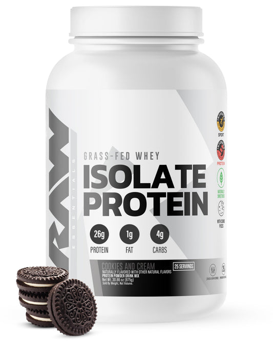 RAW Whey Isolate envase frontal mostrando etiqueta y beneficios
