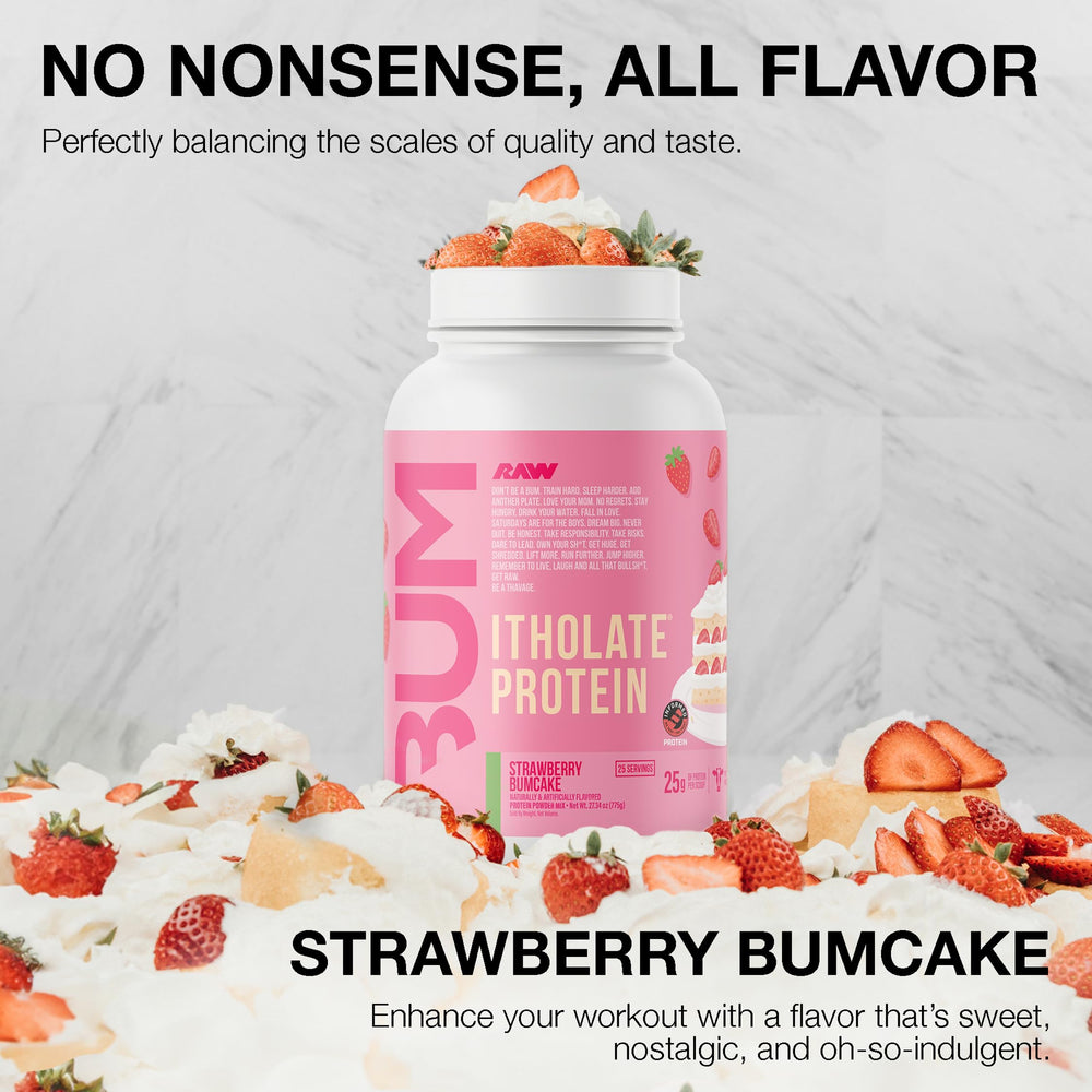 RAW Whey Isolate Strawberry BumCake scoop being added to a shaker.