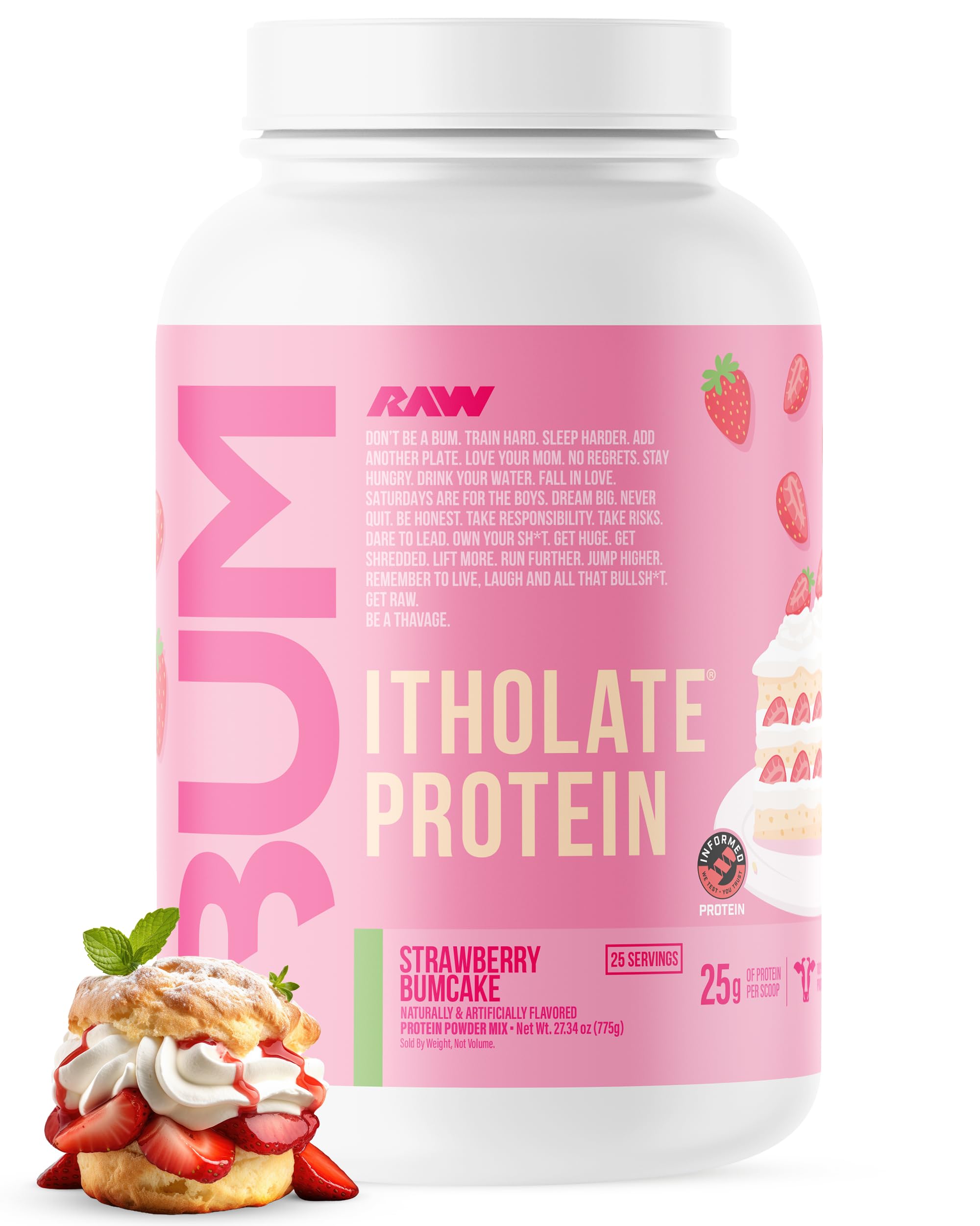 RAW Whey Isolate Strawberry BumCake tub showing premium protein for muscle support.