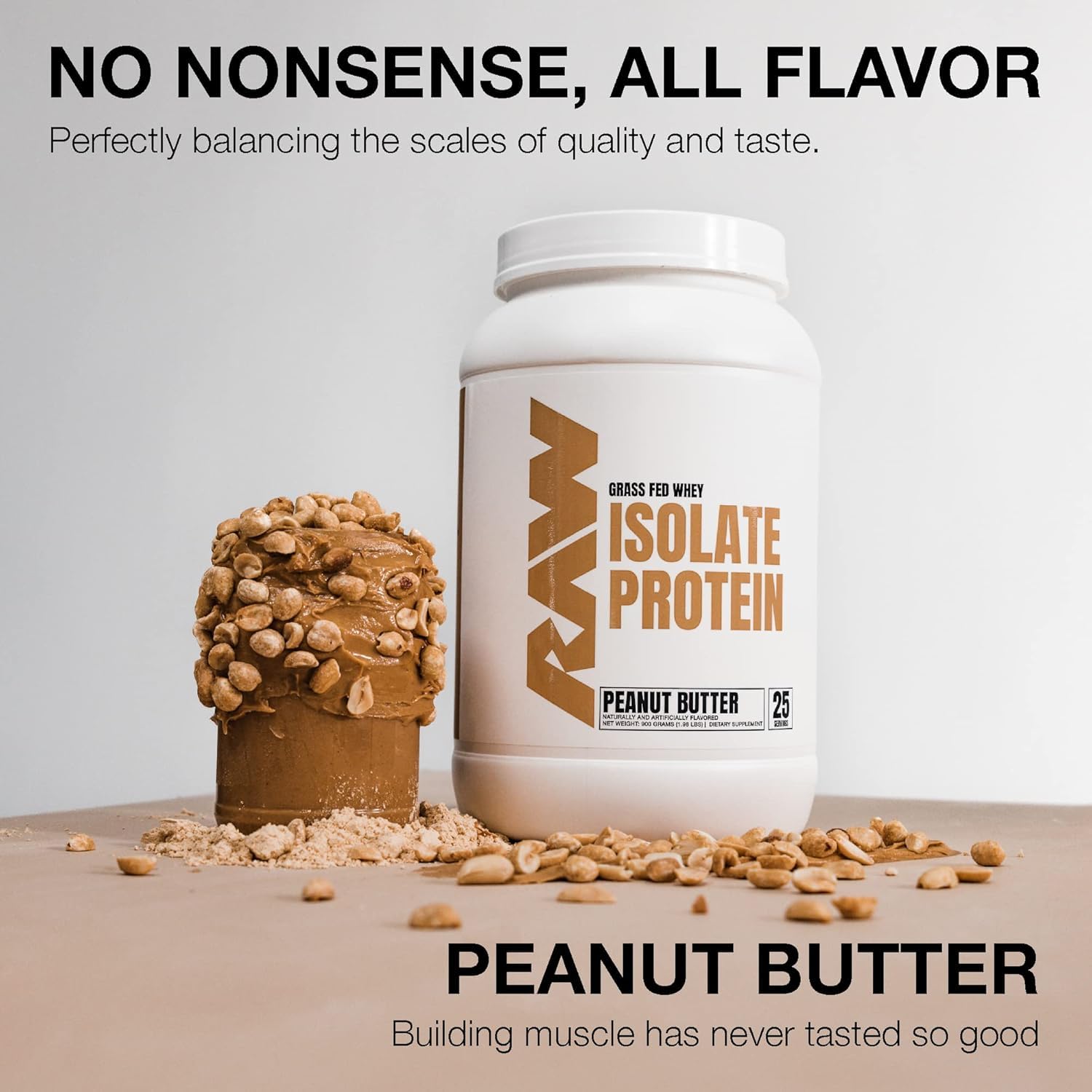 RAW scoop con 25 g de proteína por porción destacando la cantidad
