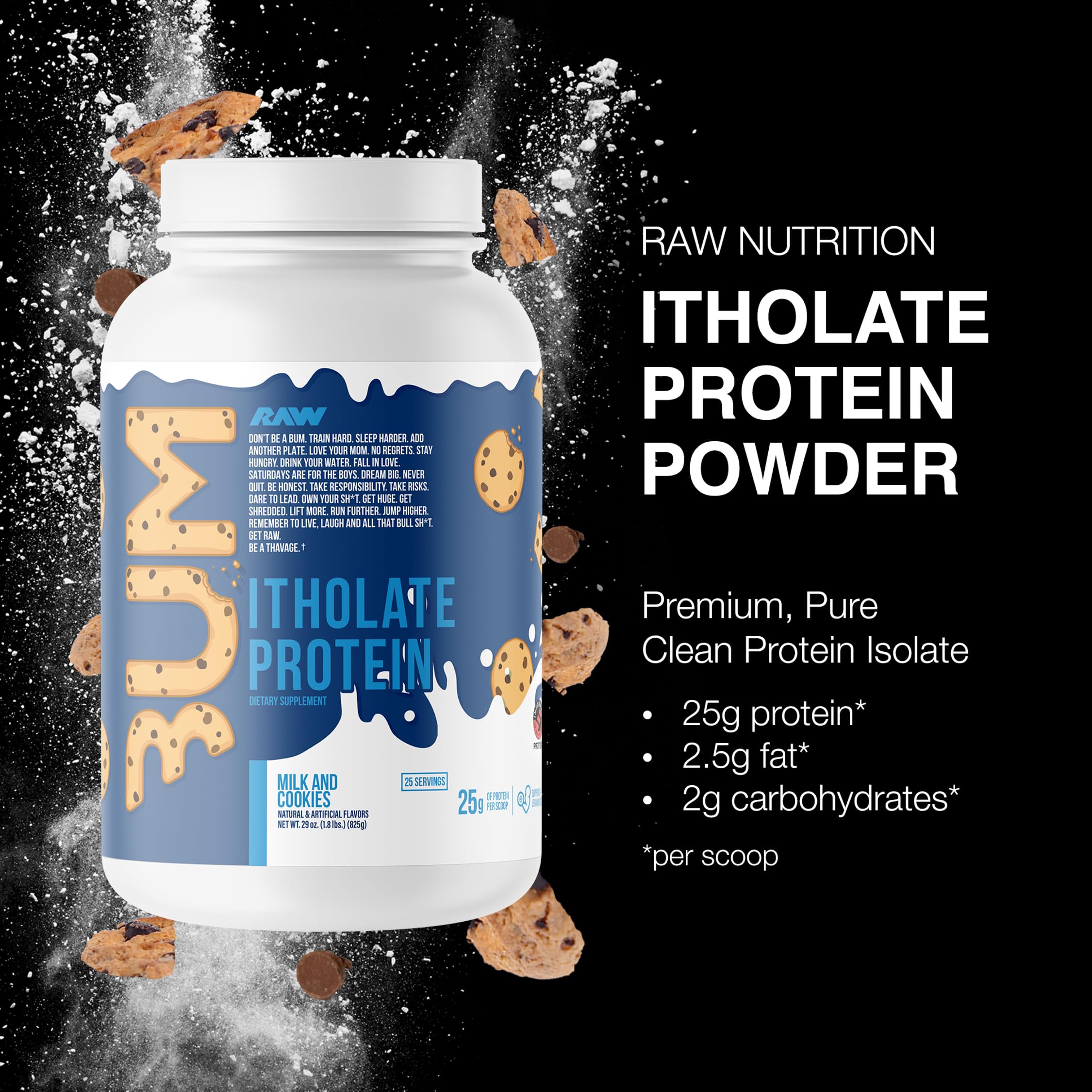 RAW textura en polvo vista cercana, alta solubilidad para batidos sin grumos