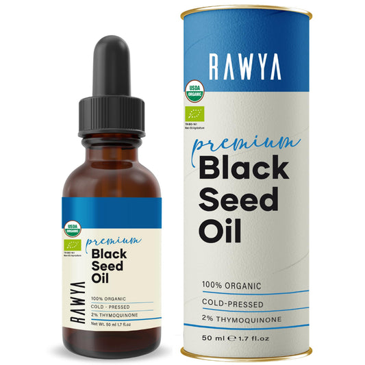 RAWYA Aceite de semilla negra, botella de vidrio oscuro, mantiene pureza para piel y cabello.
