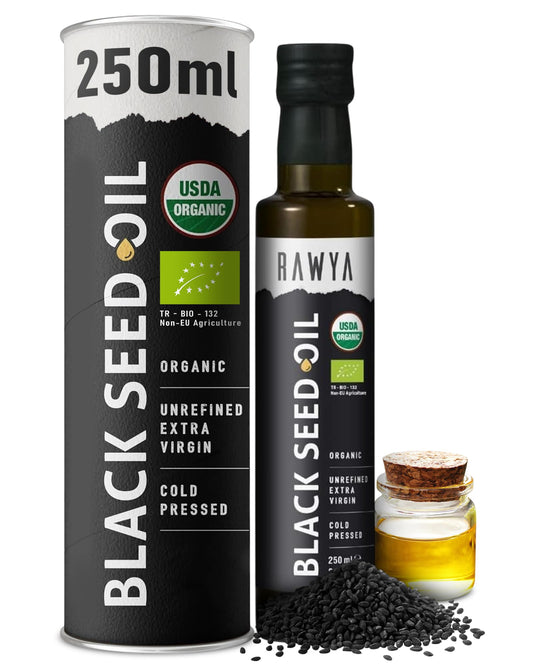 RAWYA Black Seed Oil bottle on the counter for daily culinary use.