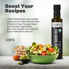 RAWYA Black Seed Oil in a kitchen scene for dressings and recipes.