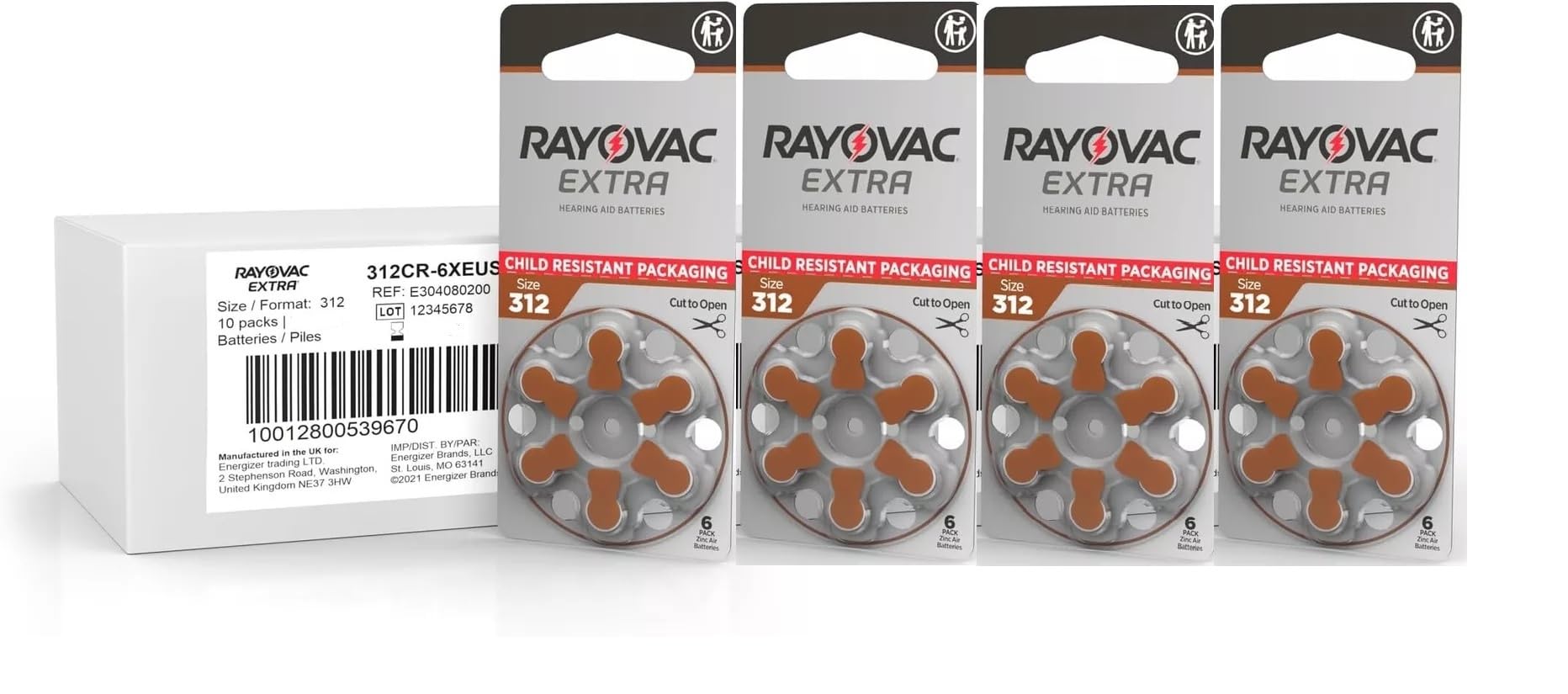 Rayovac paquete frontal de 80 pilas 312 mostrando embalaje seguro y cantidad
