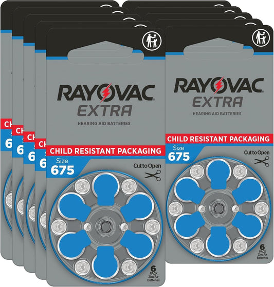 Rayovac 675 paquete frontal mostrando 60 baterías y organización segura