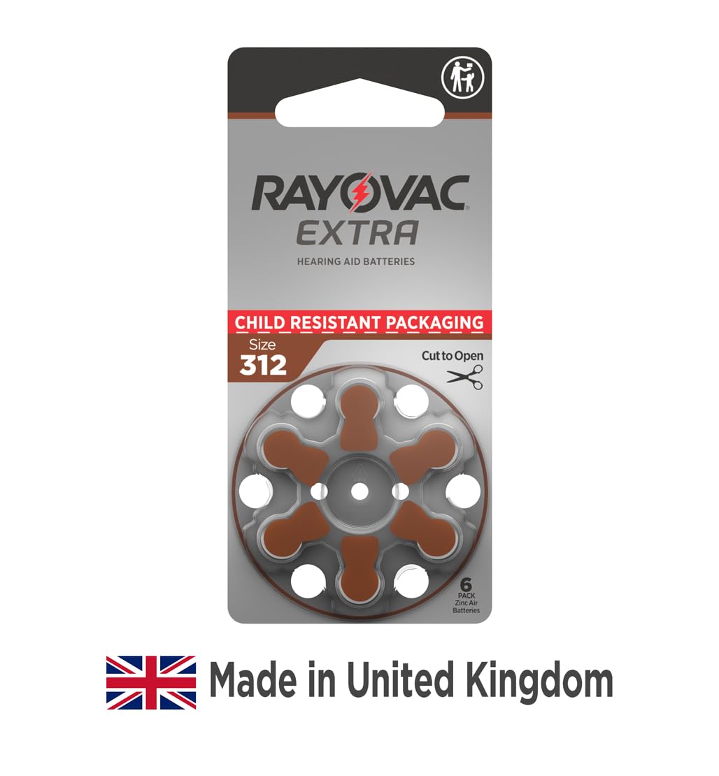 Primer plano de terminales Rayovac Extra 312, calidad de contacto y estabilidad de voltaje