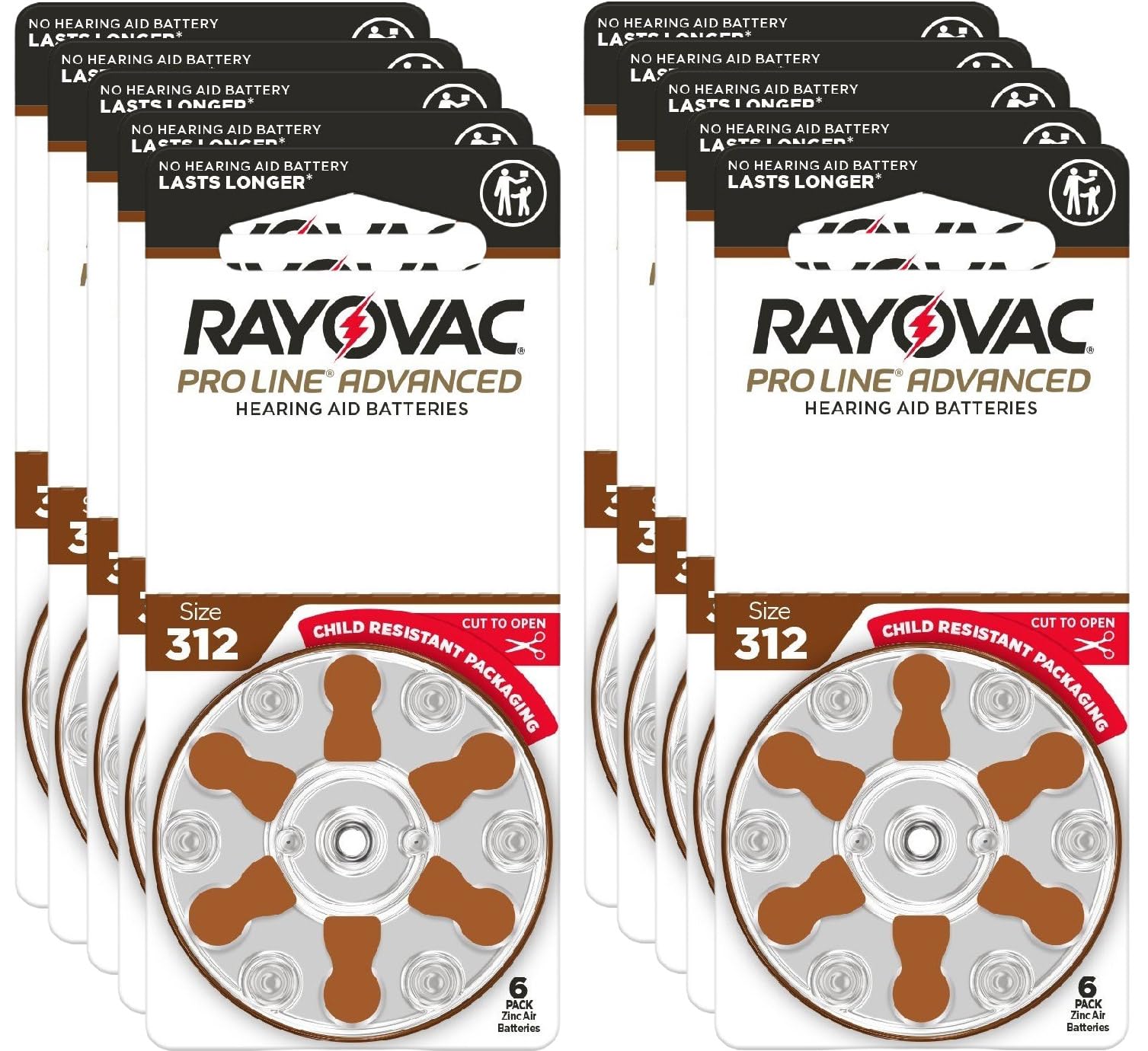 Rayovac ProLine Advanced frontal del paquete mostrando 60 pilas y cierre infantil, seguridad y suministro prolongado