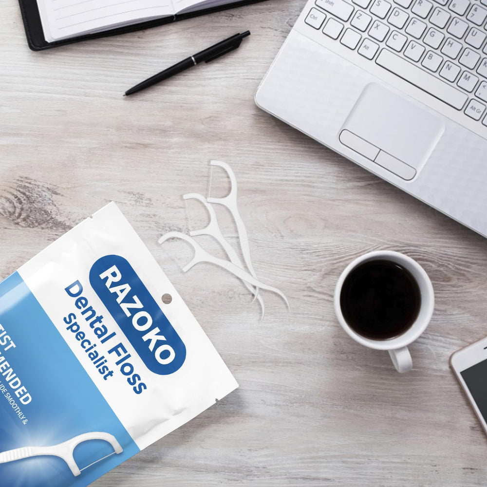 RAZOKO bolsa resellable abierta con floss picks organizados, mantiene higiene y orden