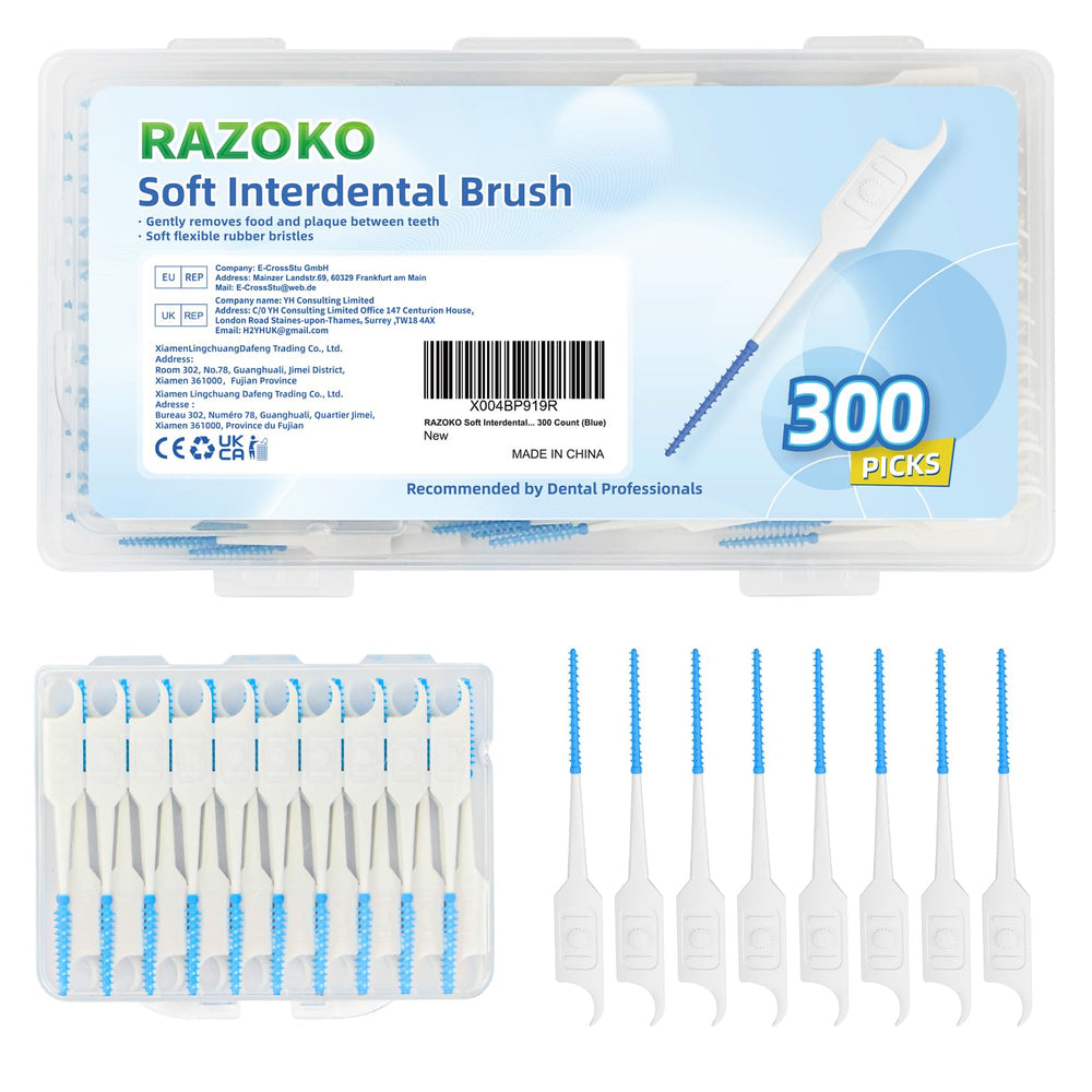 RAZOKO paquete frontal mostrando cepillos interdentales y beneficios portátiles