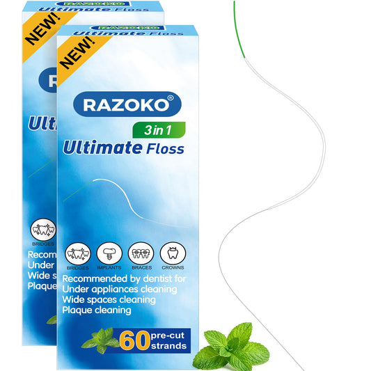 RAZOKO empaque frontal mostrando 120 hilos precortados y beneficios
